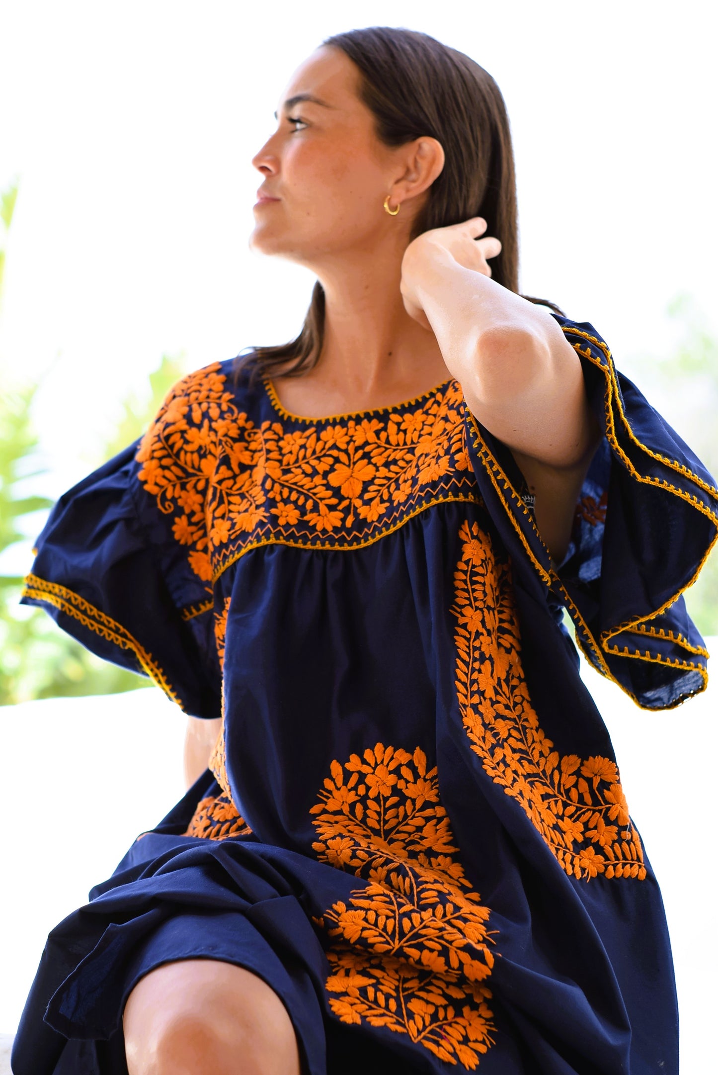 VESTIDO MEXICANO AZUL - BORDADO NARANJA