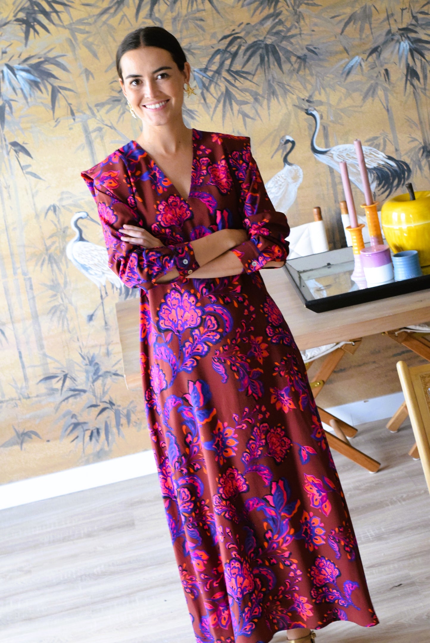 VESTIDO CARLOTA - GRANATE CON FLORES - PREORDER 7 SEPTIEMBRE