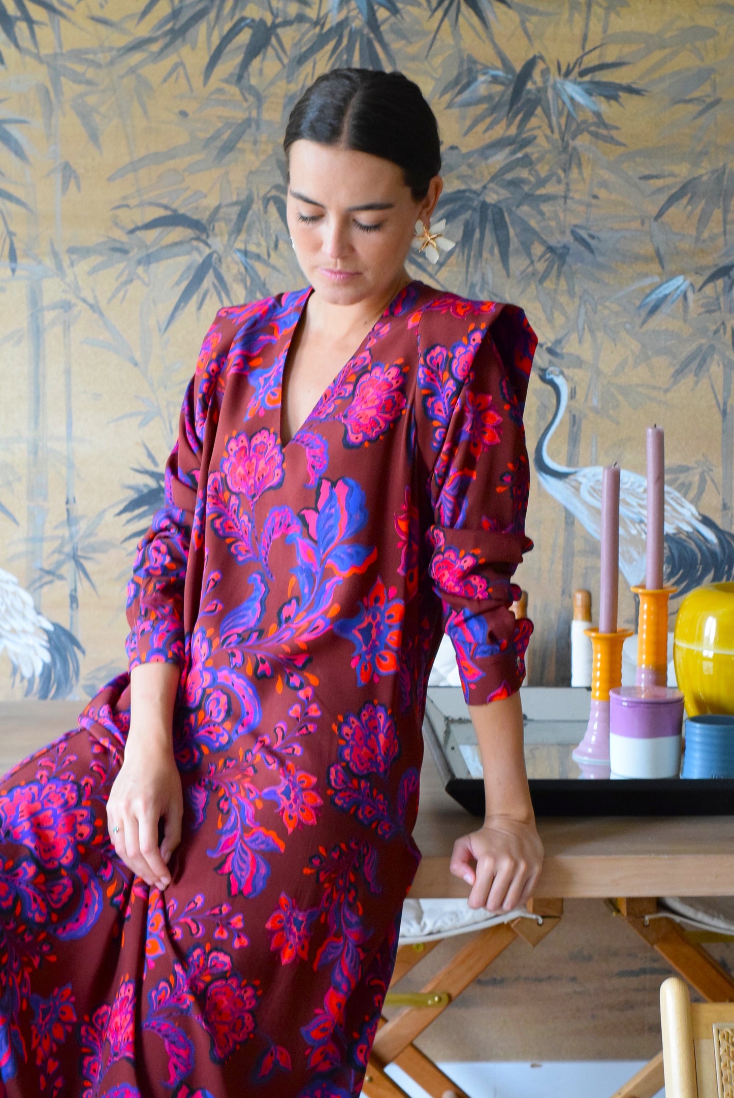 VESTIDO CARLOTA - GRANATE CON FLORES - PREORDER 7 SEPTIEMBRE