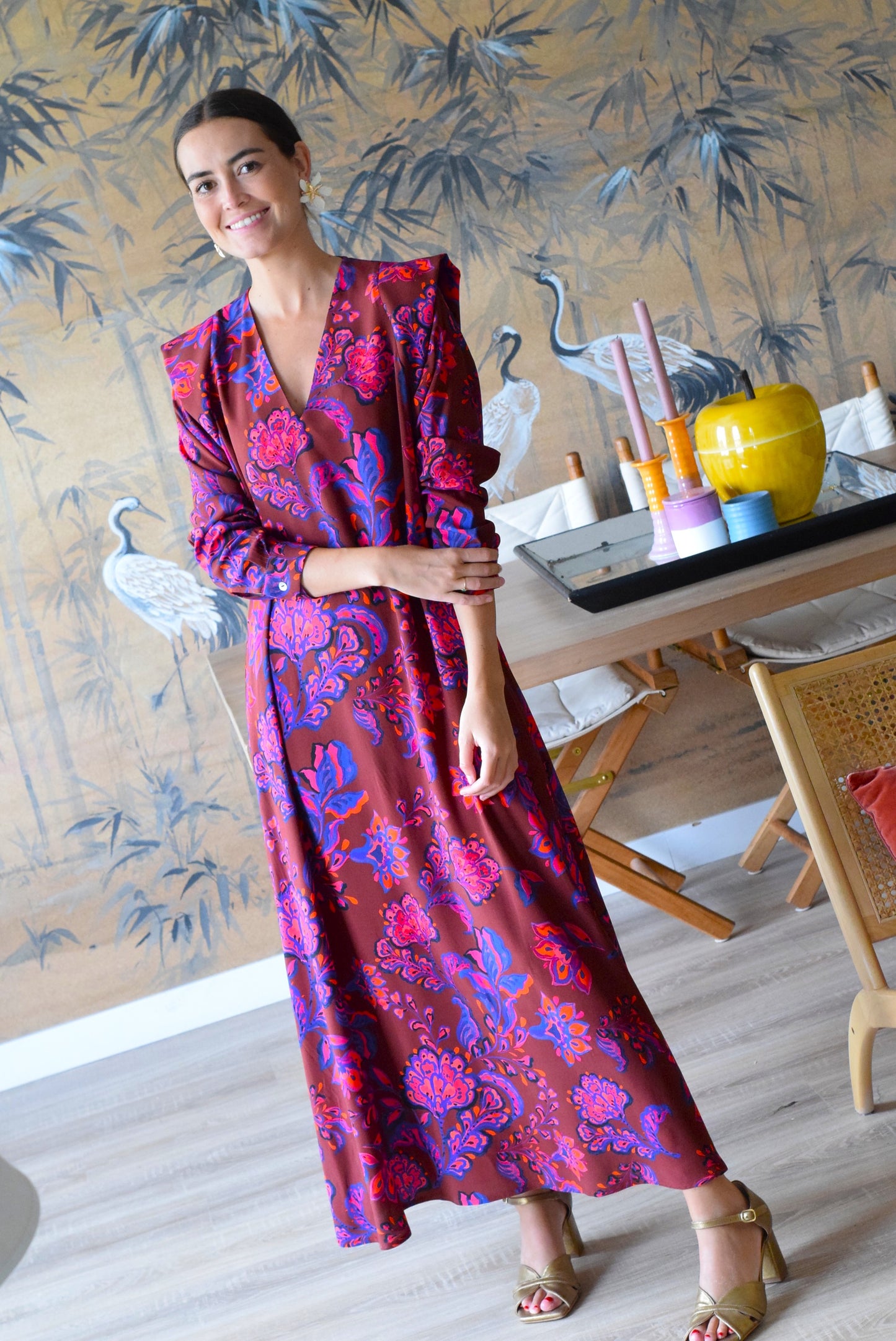 VESTIDO CARLOTA - GRANATE CON FLORES - PREORDER 7 SEPTIEMBRE