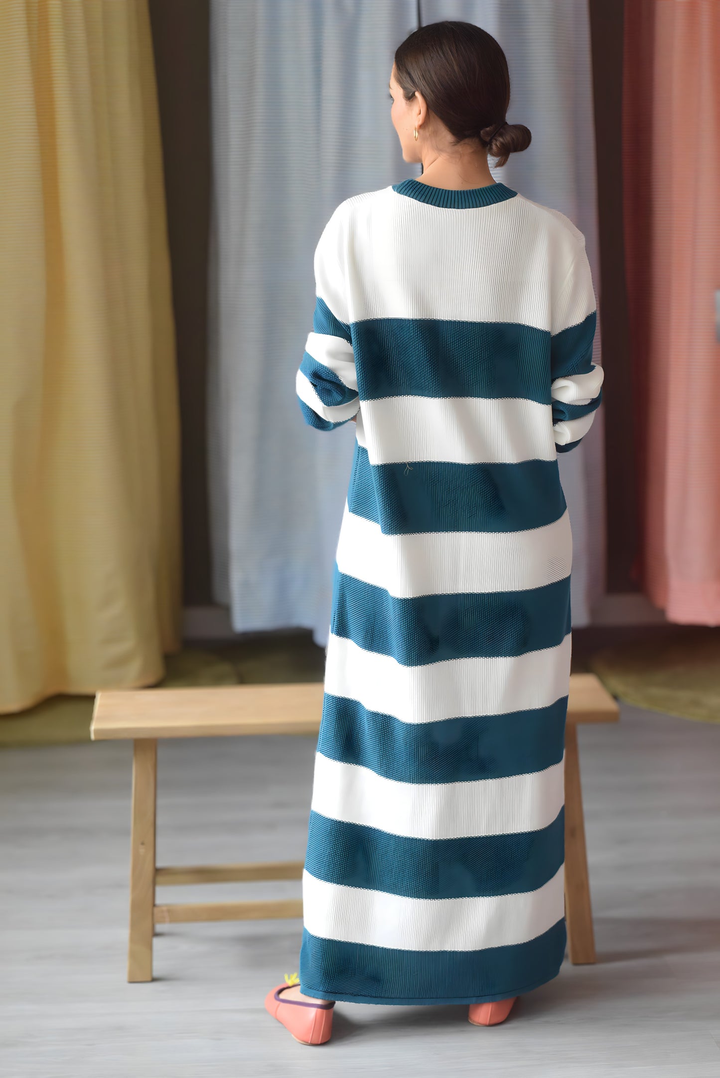 VESTIDO CRISTINA - BLANCO Y PETROLEO -