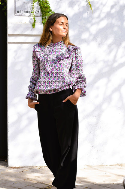 BLUSA ALBERTA - FLOR MORADA Y VERDE
