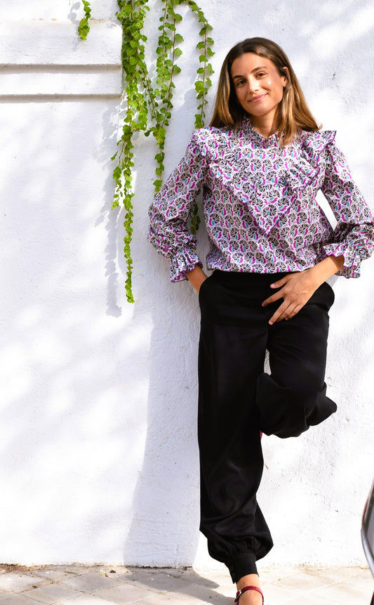 BLUSA ALBERTA - FLOR MORADA Y VERDE