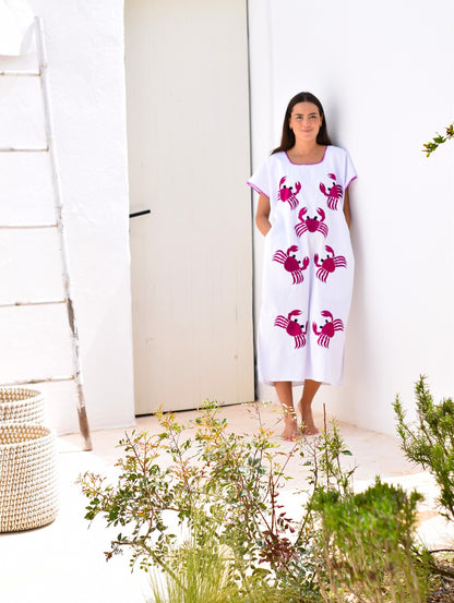 VESTIDO HUIPILE CANGREJOS - BORDADO FUCSIA