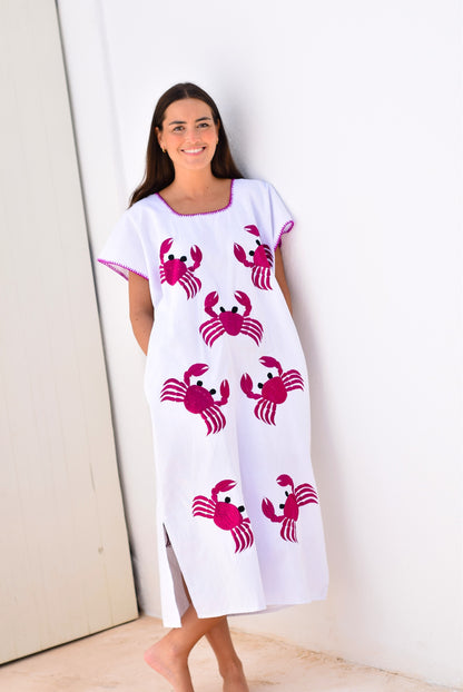 VESTIDO HUIPILE CANGREJOS - BORDADO FUCSIA