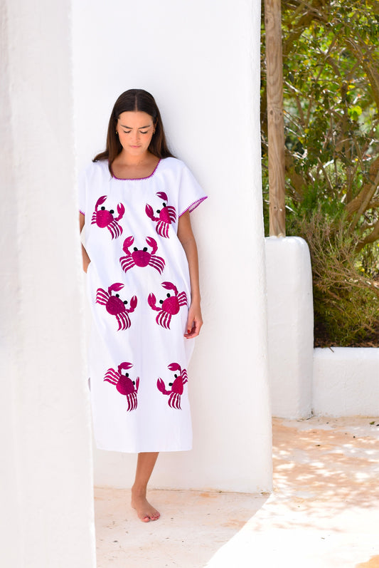 VESTIDO HUIPILE CANGREJOS - BORDADO FUCSIA