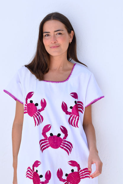 VESTIDO HUIPILE CANGREJOS - BORDADO FUCSIA