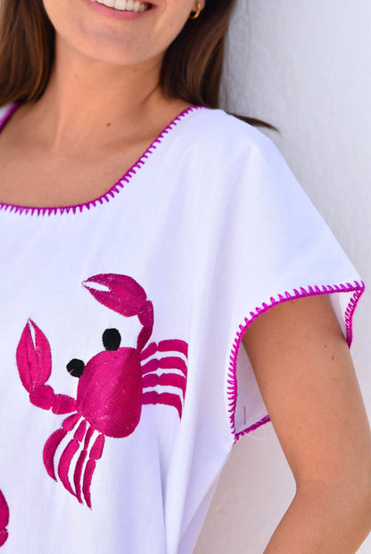 VESTIDO HUIPILE CANGREJOS - BORDADO FUCSIA