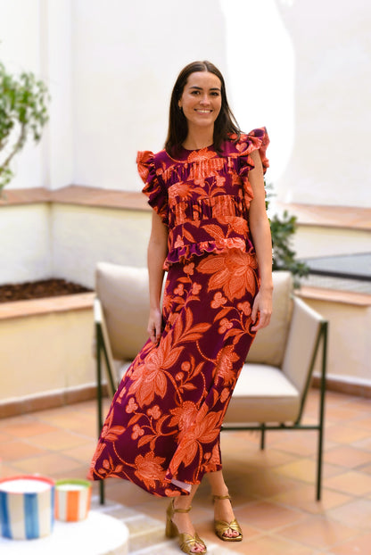 VESTIDO MARCELA - BERENJENA Y NARANJA