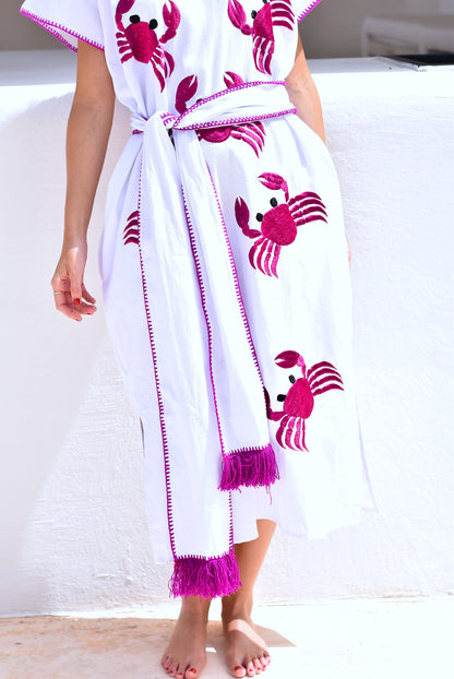 VESTIDO HUIPILE CANGREJOS - BORDADO FUCSIA