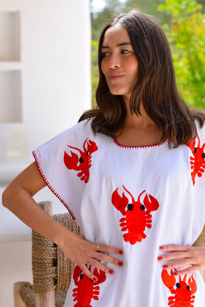 VESTIDO HUIPILE LANGOSTAS - BORDADO ROJO