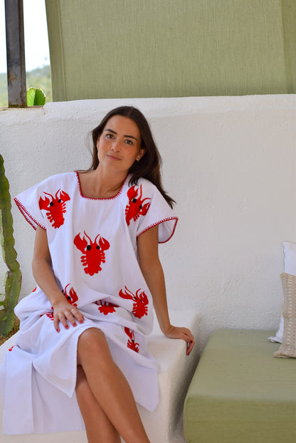 VESTIDO HUIPILE LANGOSTAS - BORDADO ROJO