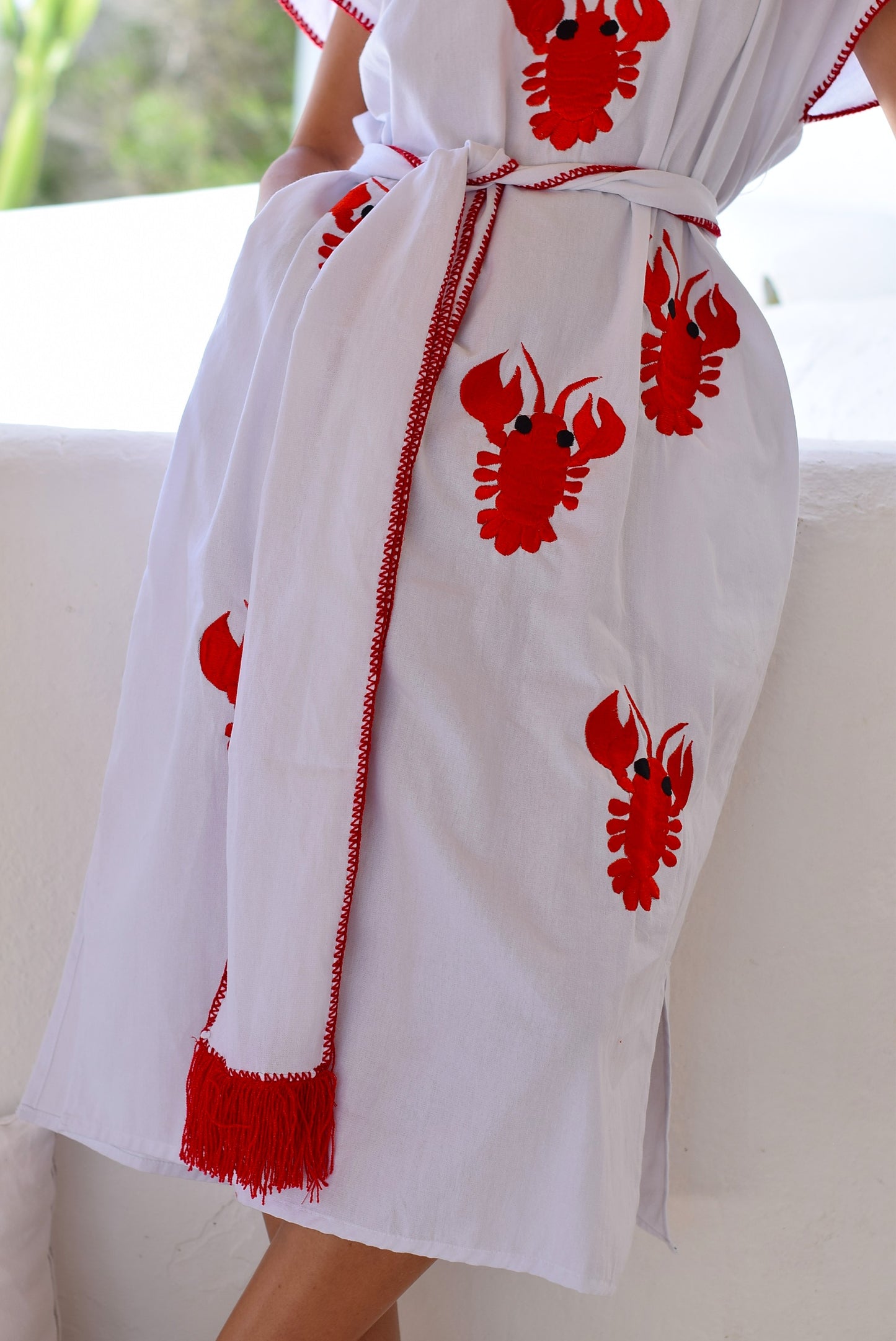 VESTIDO HUIPILE LANGOSTAS - BORDADO ROJO