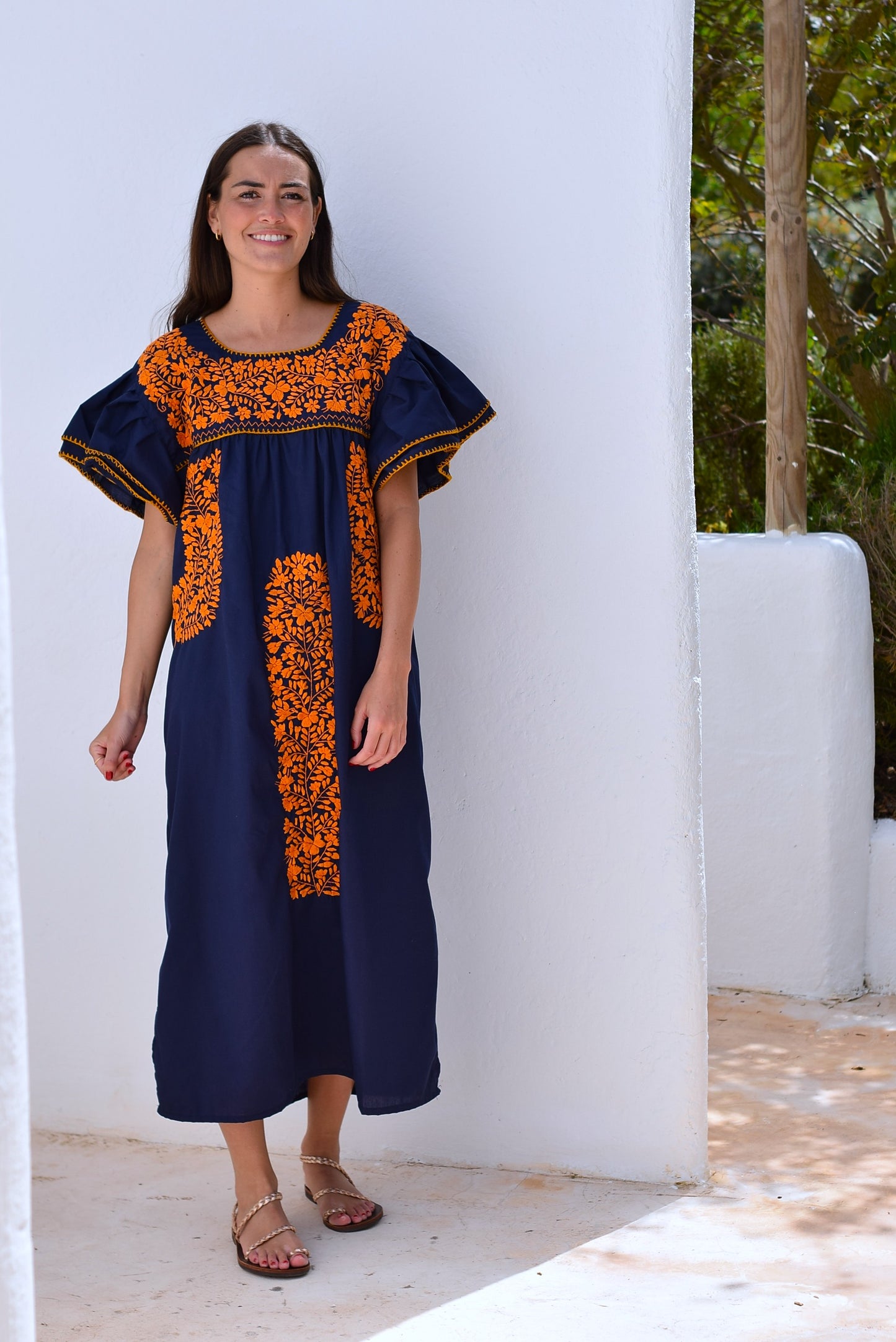 VESTIDO MEXICANO AZUL - BORDADO NARANJA