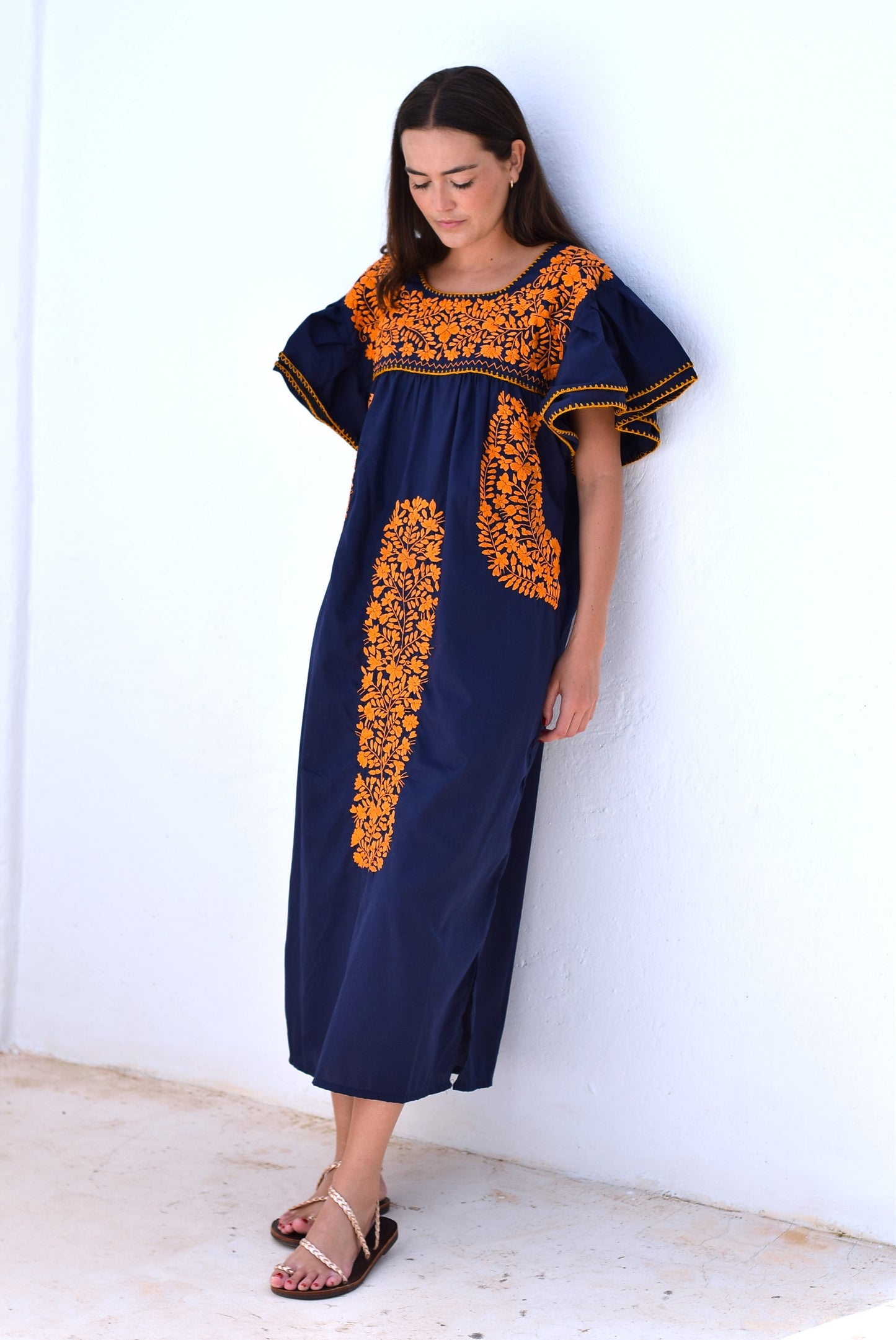 VESTIDO MEXICANO AZUL - BORDADO NARANJA