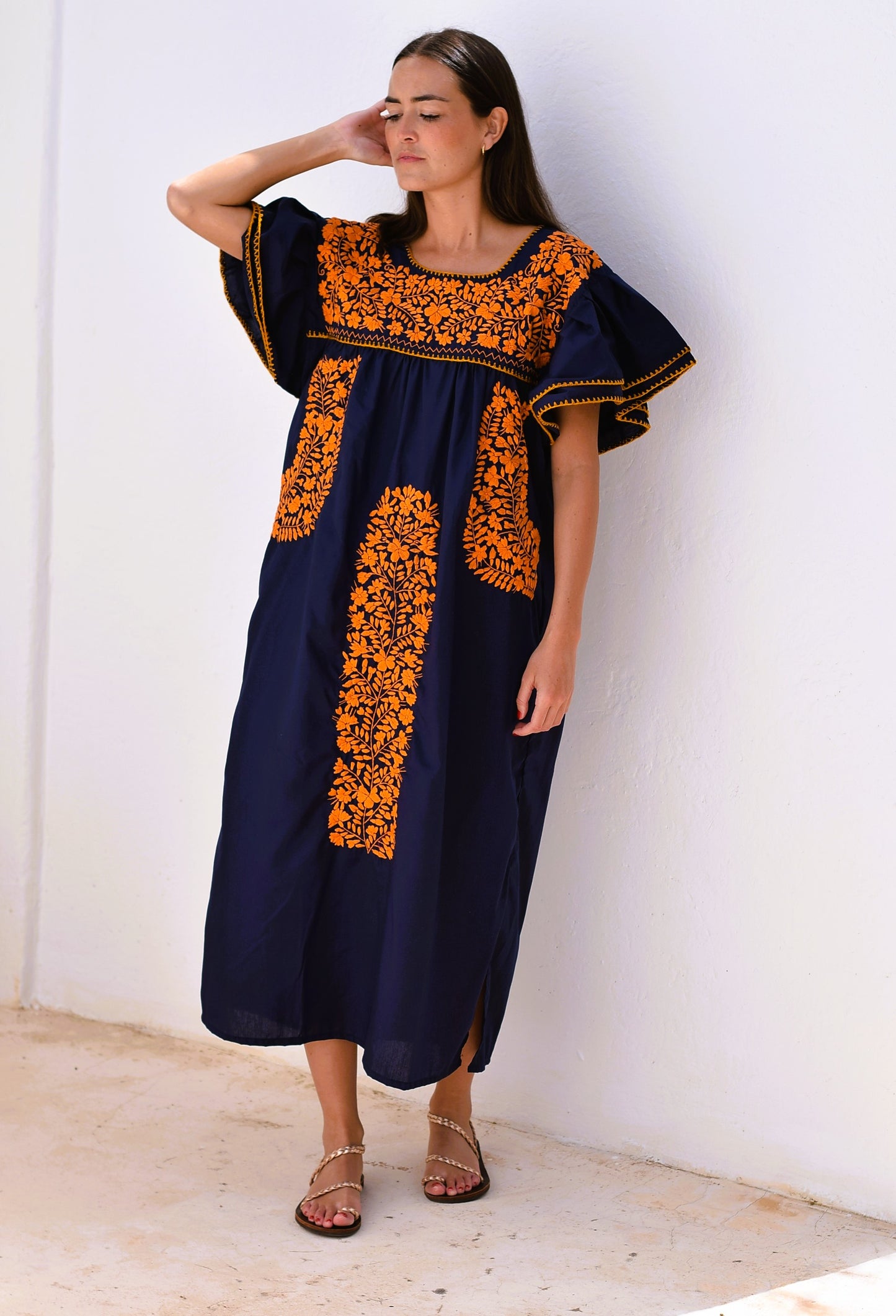 VESTIDO MEXICANO AZUL - BORDADO NARANJA