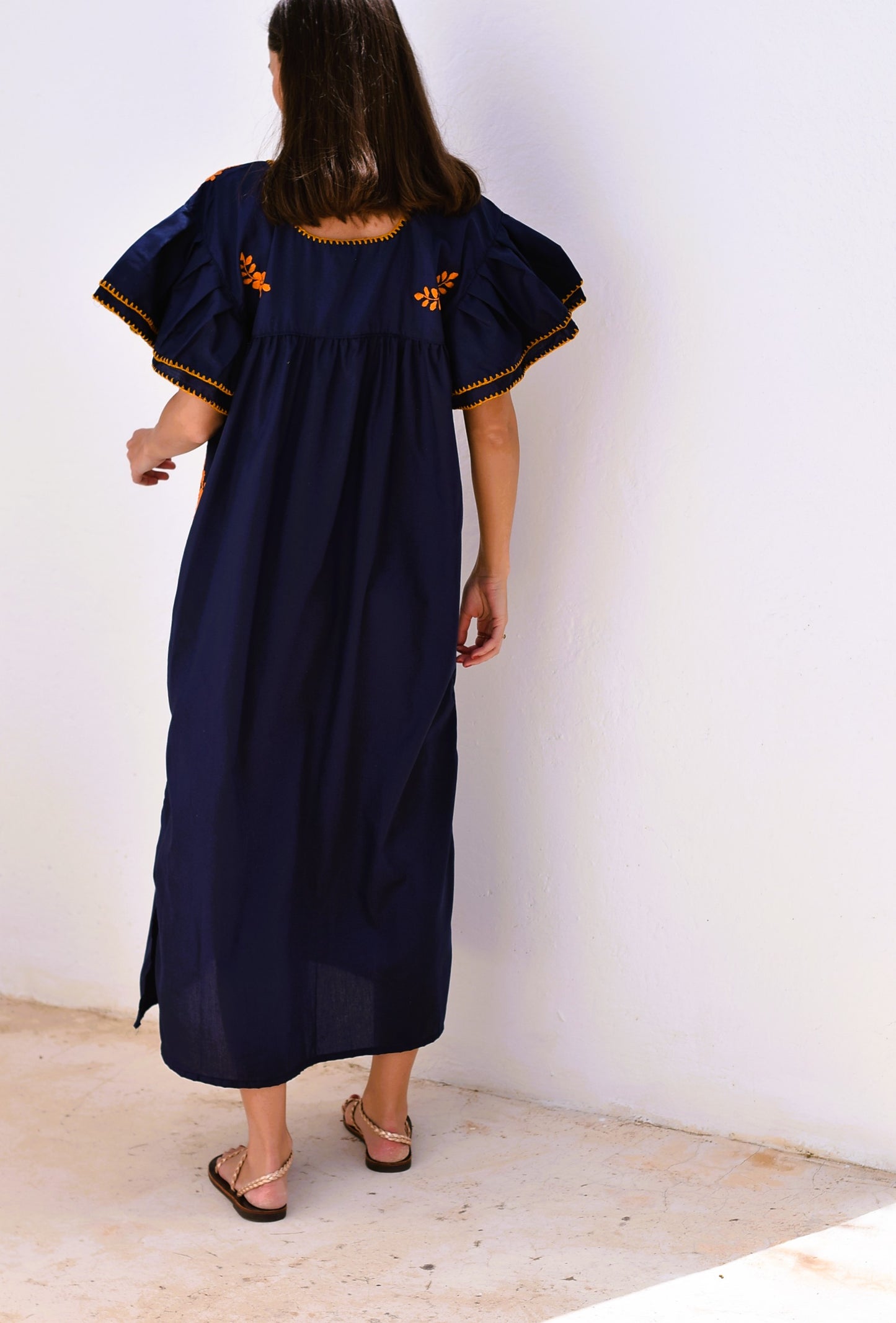 VESTIDO MEXICANO AZUL - BORDADO NARANJA