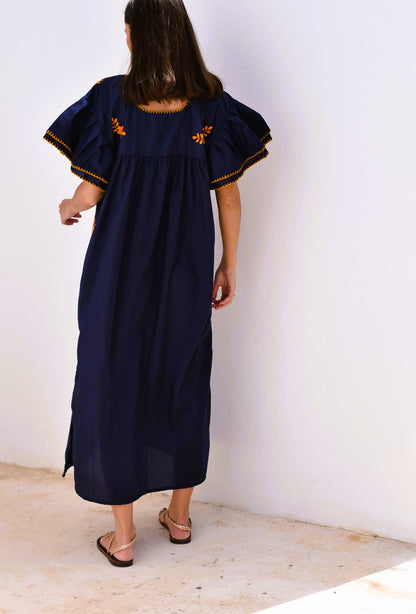 VESTIDO MEXICANO AZUL - BORDADO NARANJA