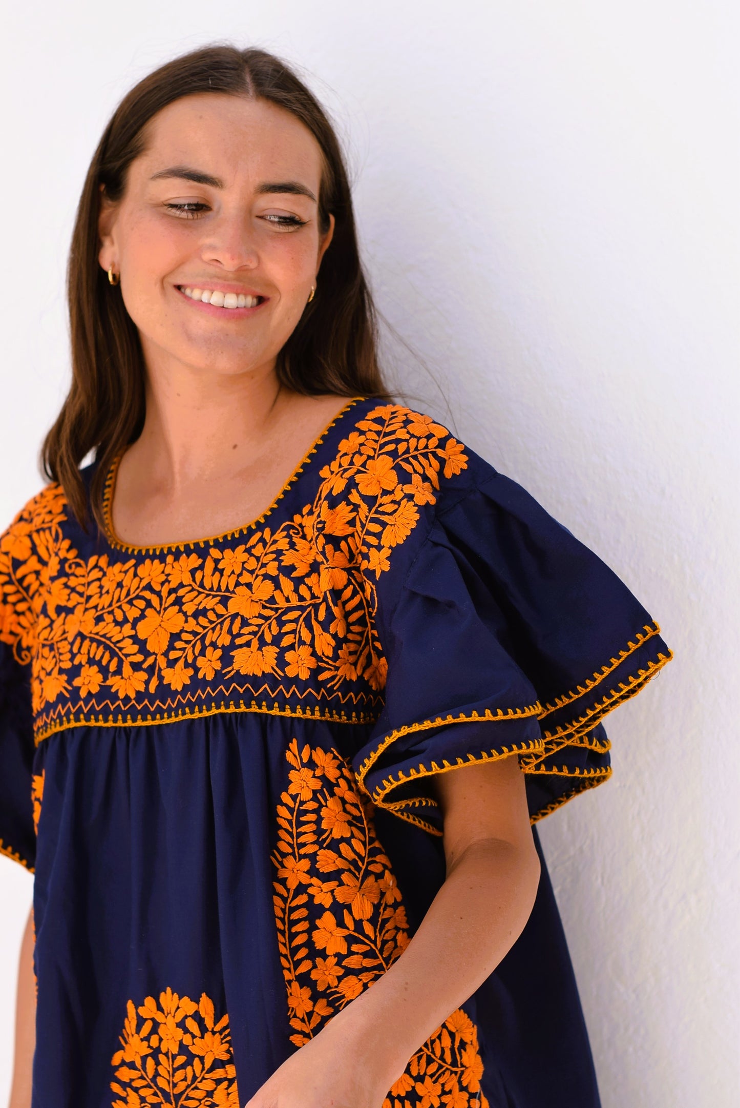 VESTIDO MEXICANO AZUL - BORDADO NARANJA