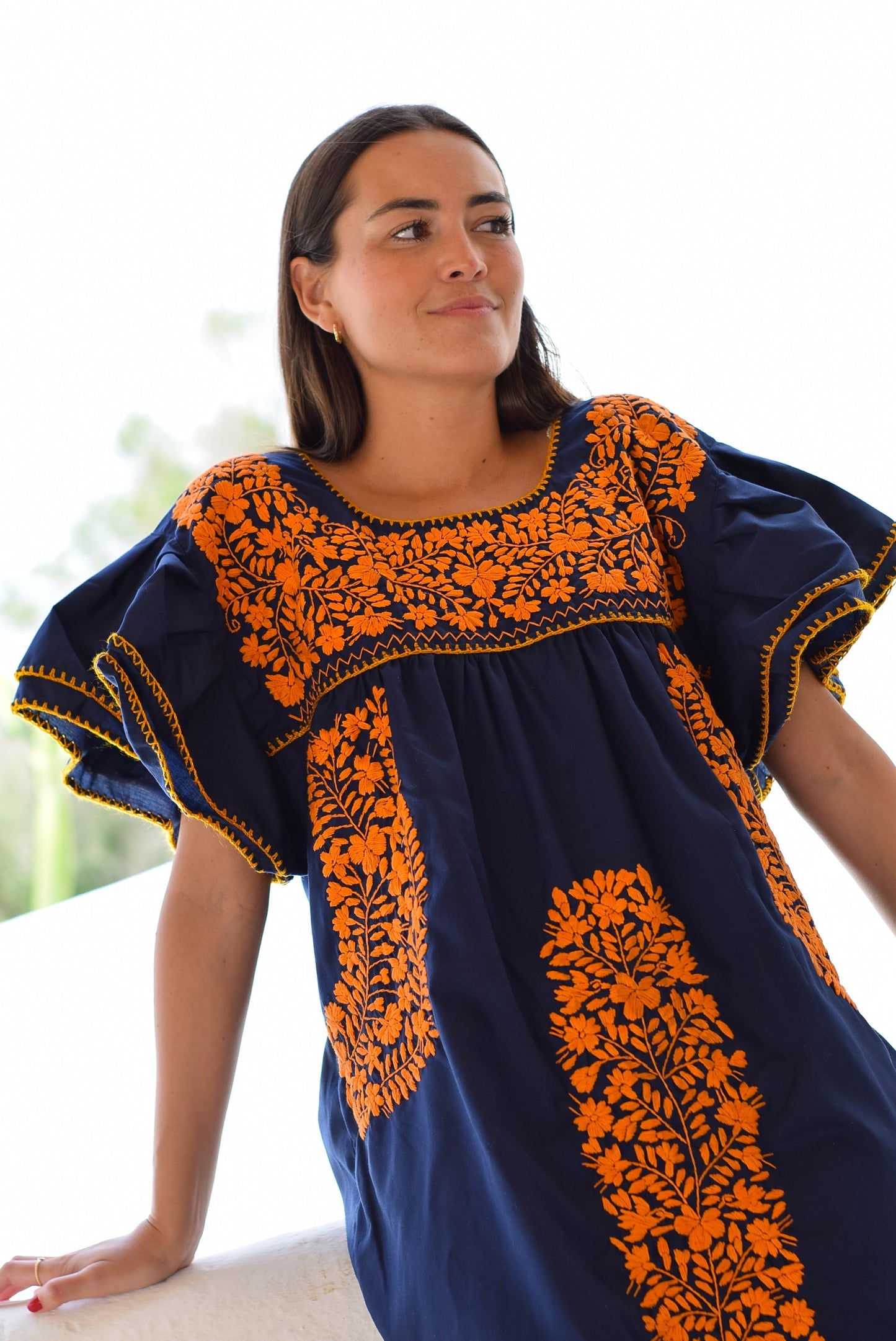 VESTIDO MEXICANO AZUL - BORDADO NARANJA