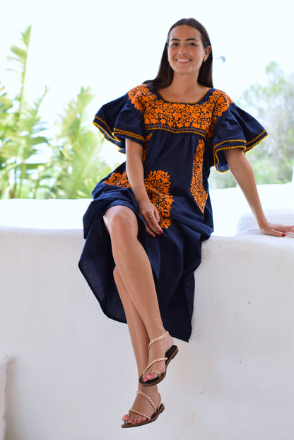 VESTIDO MEXICANO AZUL - BORDADO NARANJA