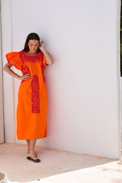 VESTIDO MEXICANO NARANJA - BORDADO BUGANVILLA