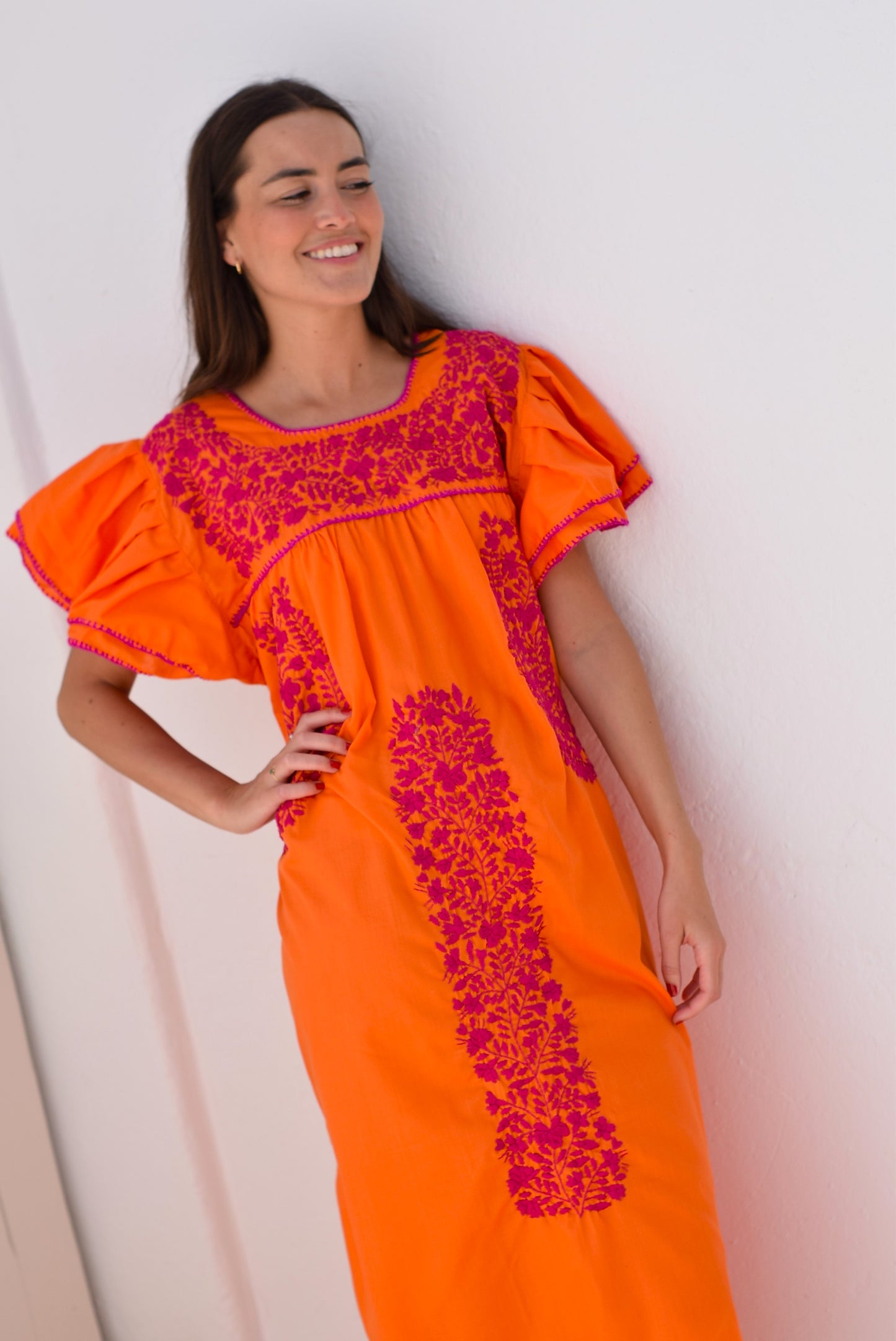VESTIDO MEXICANO NARANJA - BORDADO BUGANVILLA