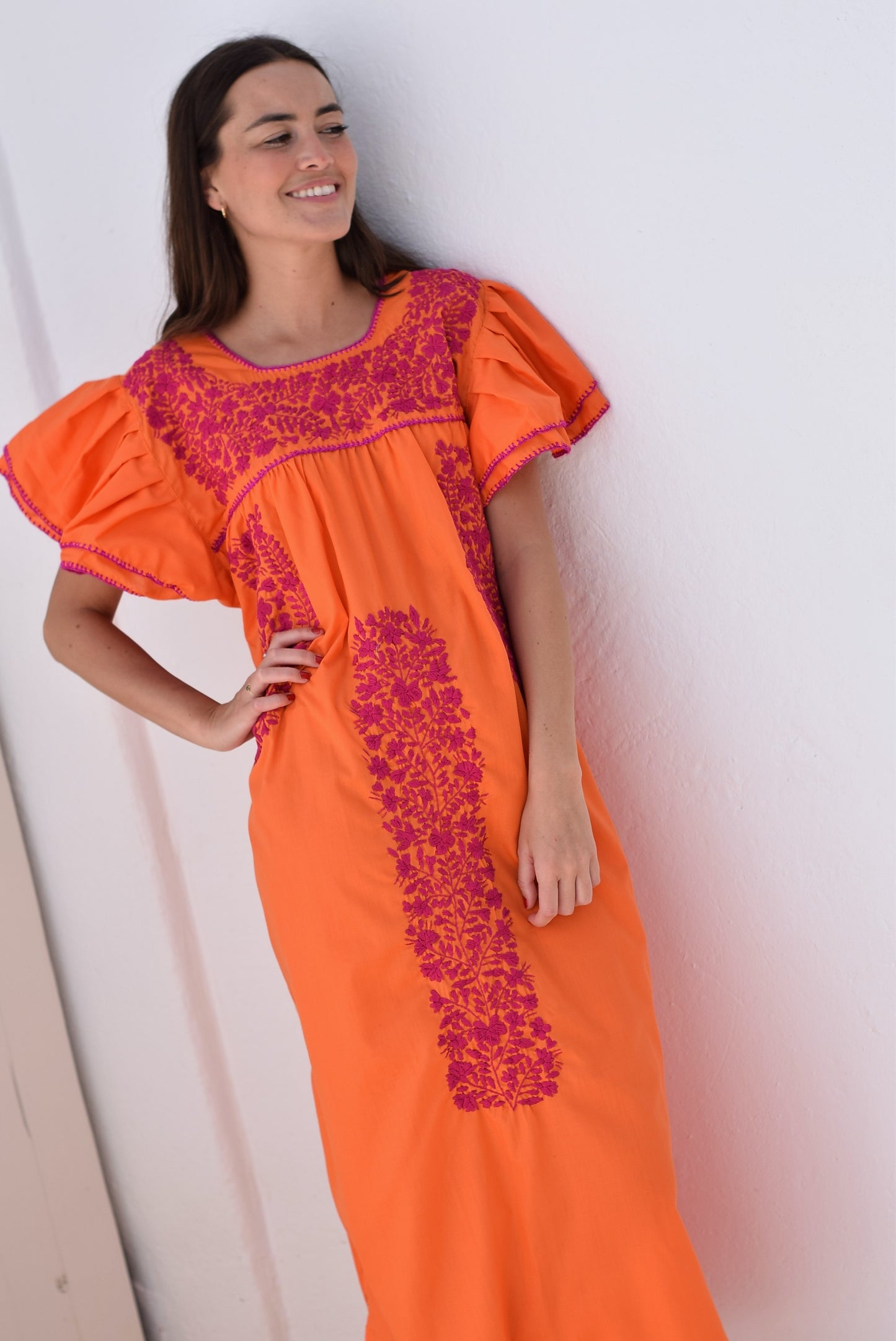 VESTIDO MEXICANO NARANJA - BORDADO BUGANVILLA