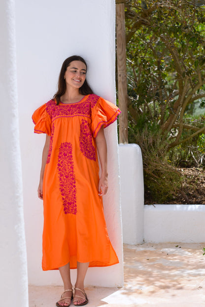 VESTIDO MEXICANO NARANJA - BORDADO BUGANVILLA