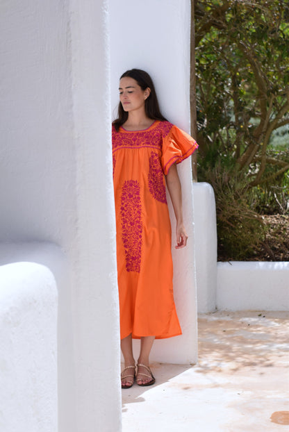 VESTIDO MEXICANO NARANJA - BORDADO BUGANVILLA