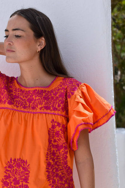 VESTIDO MEXICANO NARANJA - BORDADO BUGANVILLA