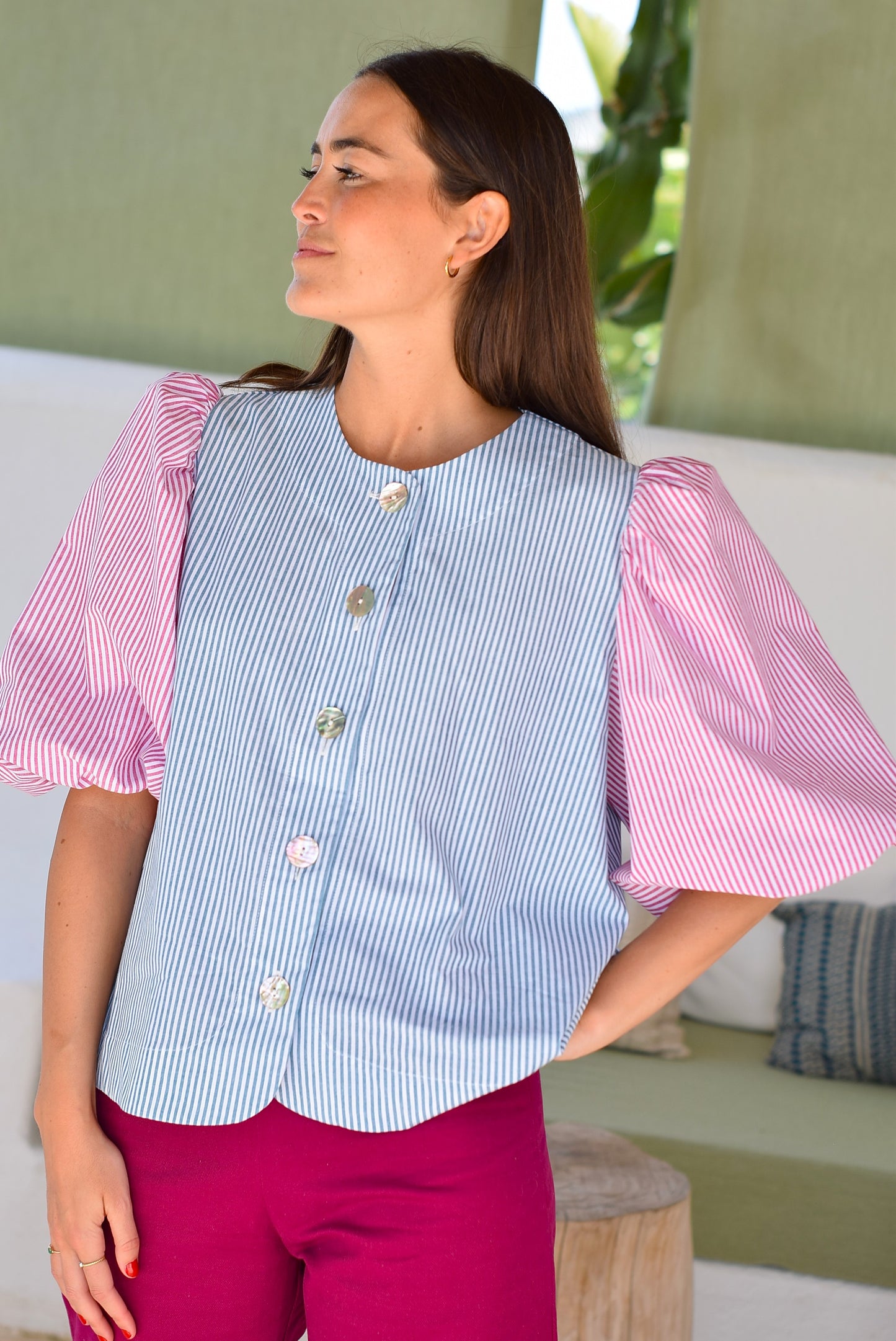 BLUSA HILDA - RAYAS TURQUESA/GRANATE - PREORDER 22 DE MAYO