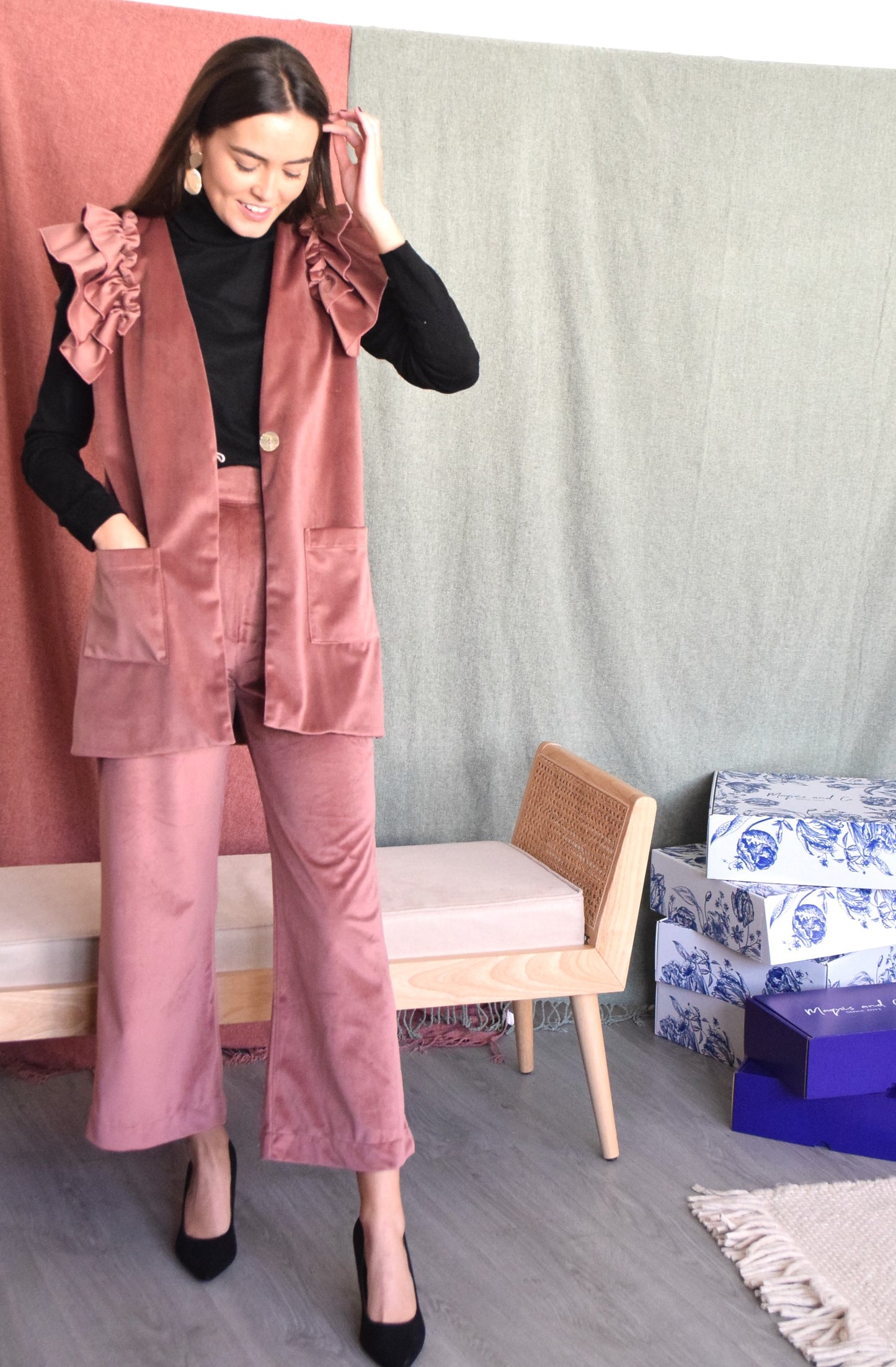 PANTALONES TERCIOPELO ROSA EMPOLVADO 