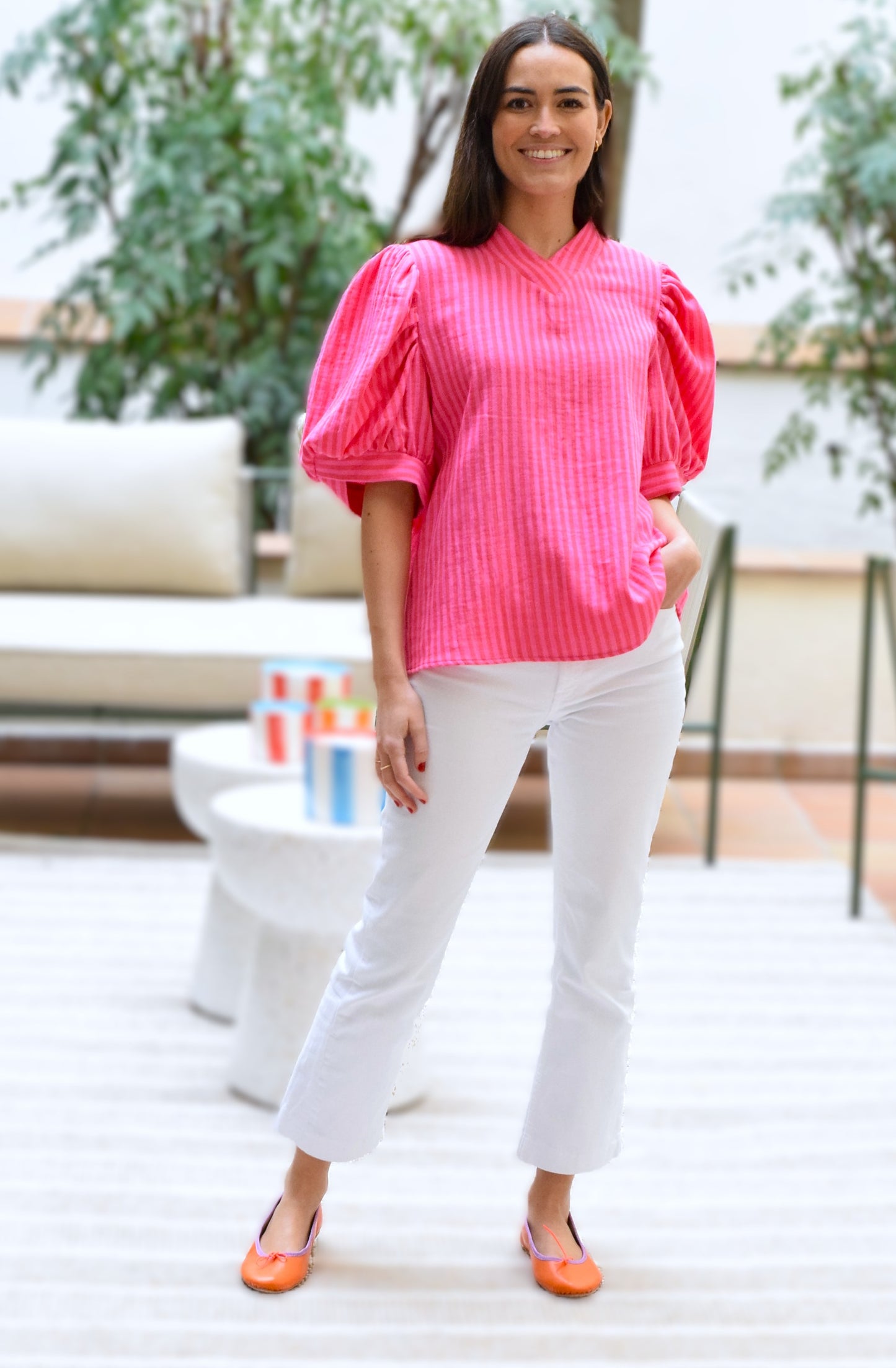 BLUSA BERTA - RAYAS ROSAS