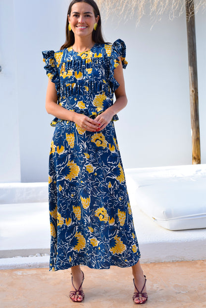 VESTIDO MARCELA - AZUL Y AMARILLO -