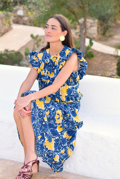 VESTIDO MARCELA - AZUL Y AMARILLO -