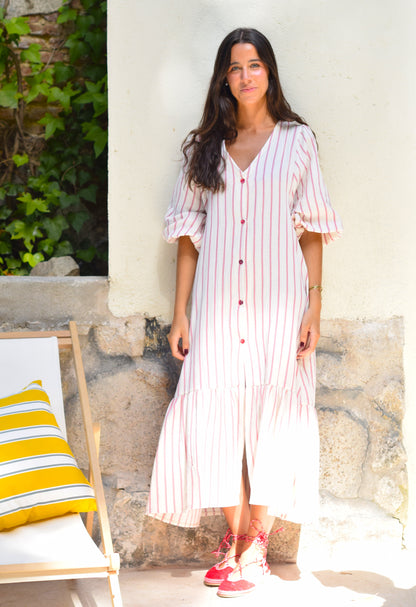 VESTIDO EUGENIA - RAYAS ROSAS - PREORDER 5 JULIO