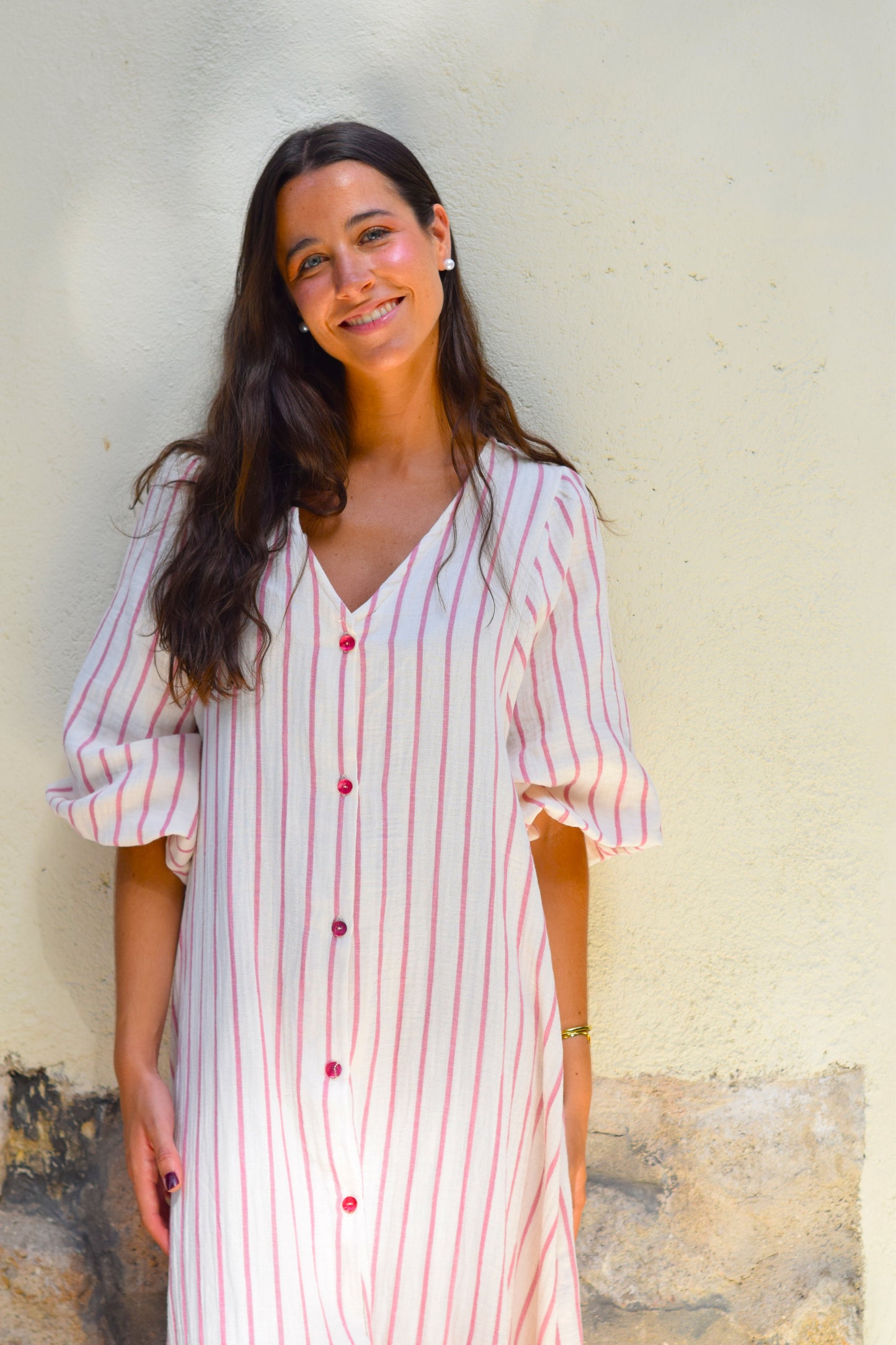 VESTIDO EUGENIA - RAYAS ROSAS - PREORDER 5 JULIO