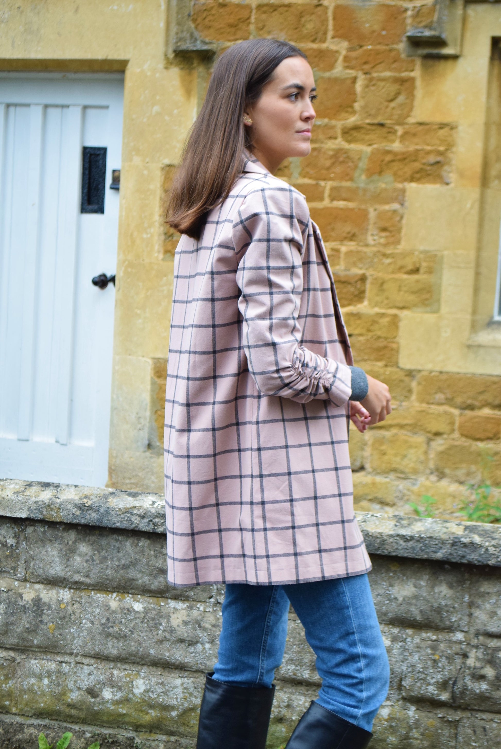 Chaqueta a cuadros rosa de vestir tipo blazer 