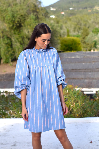 VESTIDO GABRIELA  - AZUL CON RAYA ROJA -
