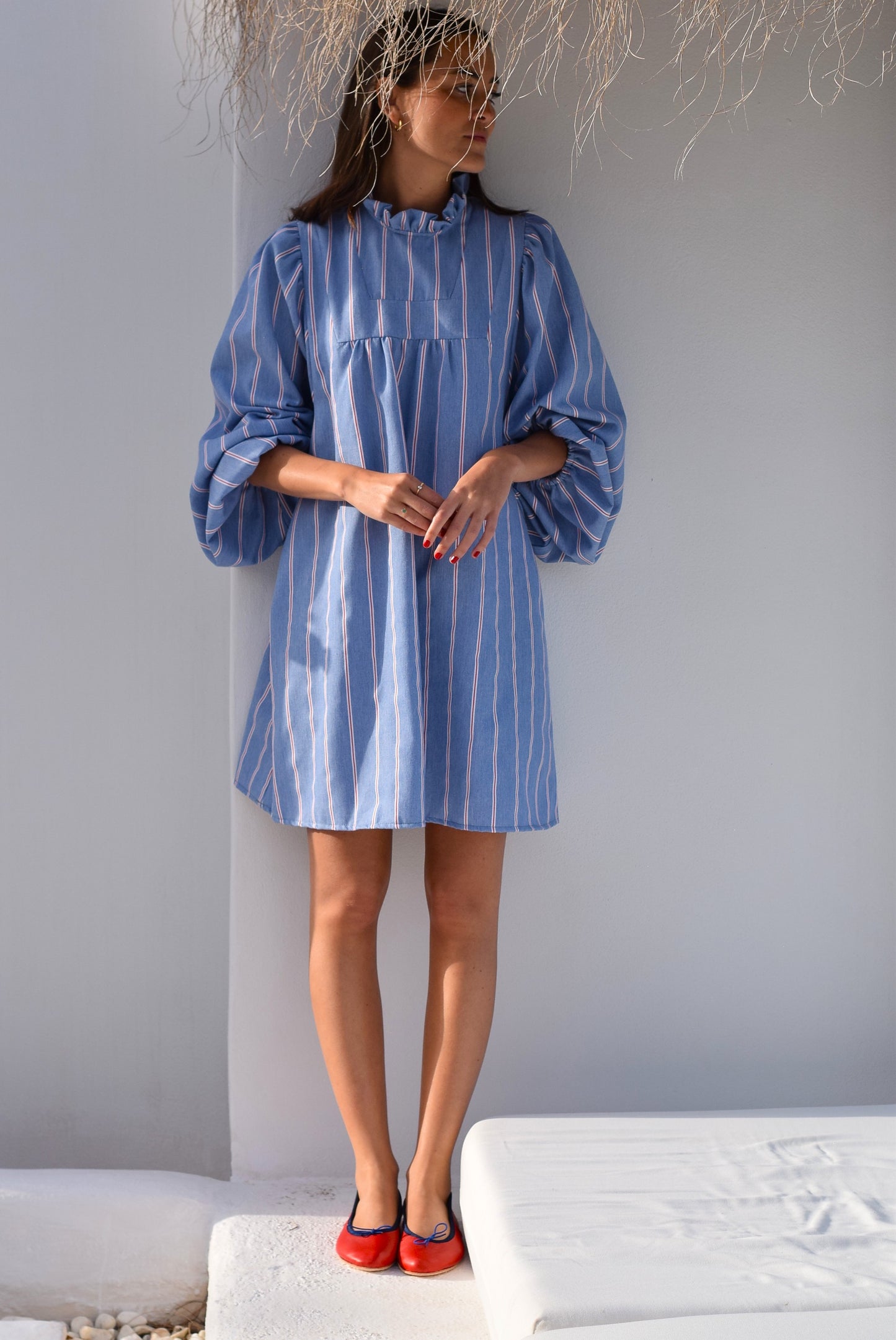 VESTIDO GABRIELA  - AZUL CON RAYA ROJA -