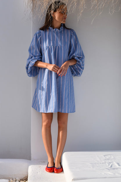 VESTIDO GABRIELA  - AZUL CON RAYA ROJA -