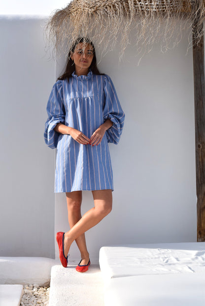 VESTIDO GABRIELA  - AZUL CON RAYA ROJA -