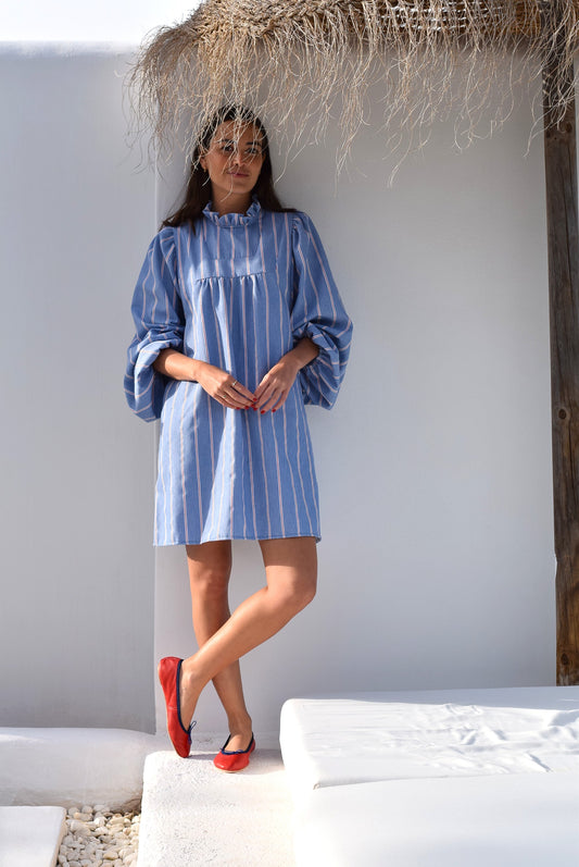 VESTIDO GABRIELA  - AZUL CON RAYA ROJA -