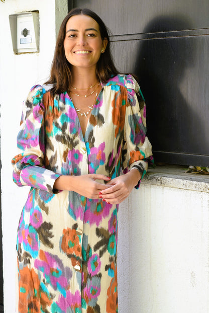 VESTIDO FABIOLA - IKAT FLORES - PREORDER 12 NOVIEMBRE