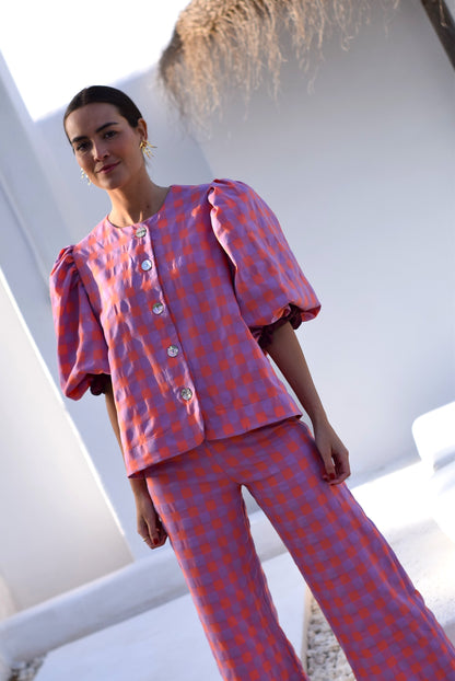 BLUSA HILDA - VICHY NARANJA Y MALVA -