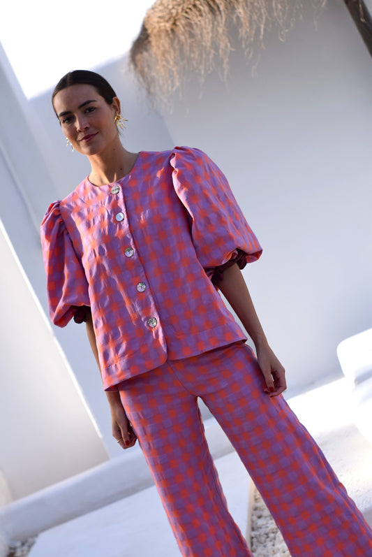 BLUSA HILDA - VICHY NARANJA Y MALVA - Próximamente reposición