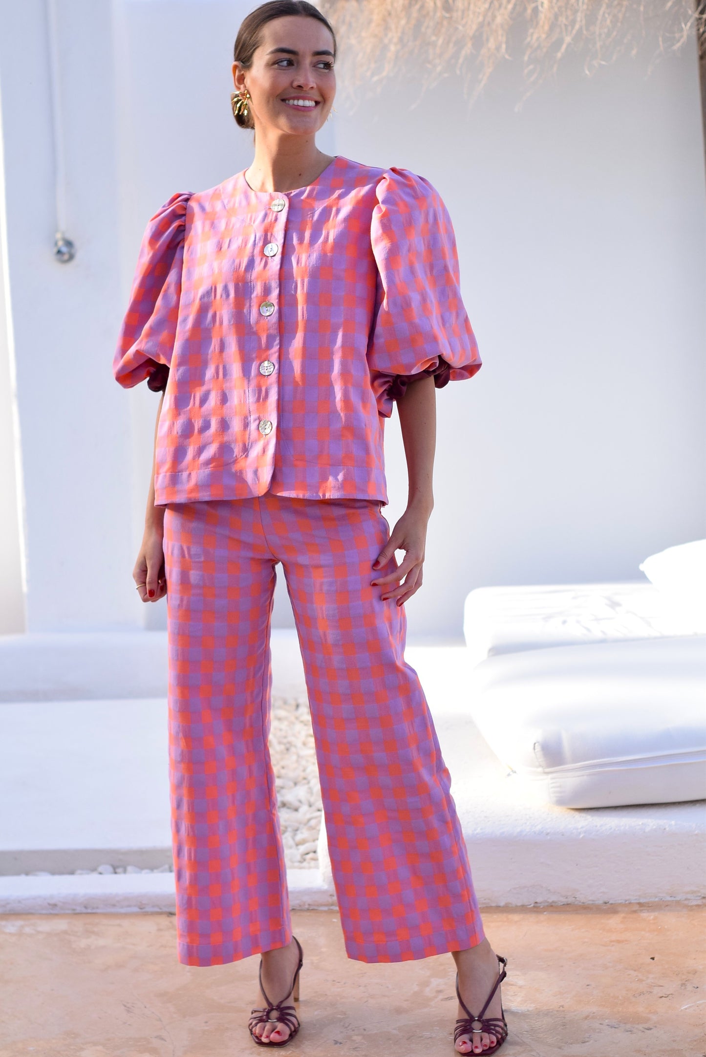 PANTALONES SOL -  VICHY NARANJA Y MALVA -