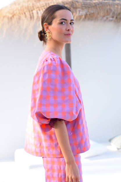 BLUSA HILDA - VICHY NARANJA Y MALVA -