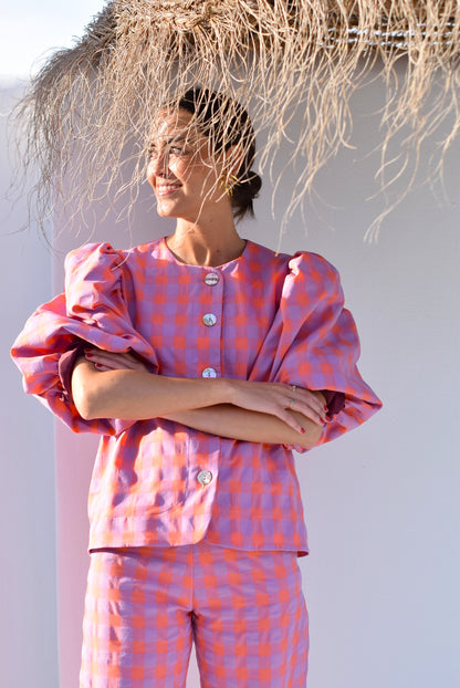 BLUSA HILDA - VICHY NARANJA Y MALVA -